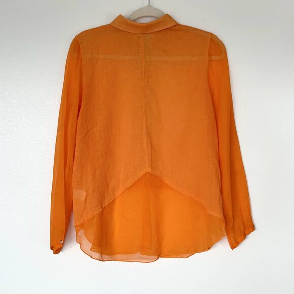 GUC Bailey 44 Cotton Silk High-Low Blouse Orange Sz S Sheer Sleeve Collared Top - Picture 2 of 15
